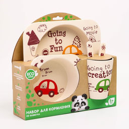 Набор бамбуковой посуды Машинки, тарелка, миска, стакан, приборы, 5 предметов - Крошка я фото 2