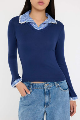 Teen Lacivert Ekose/Kareli Fitted/Vucuda Oturan Dokuma Detayl? Orme Bluz TWOAW26BZ00008 - Trendyolmilla фото 3