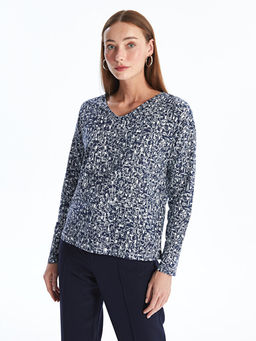 V Yaka Desenli Uzun Kollu Kad?n Bluz