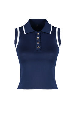 Lacivert Polo Yaka Renk Bloklu Bluz TWOSS24BZ00244