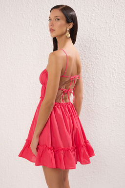 Pembe Dokuma Volanl? %100 Pamuk Plaj Mini Elbise TBESS25EL00120 - Trendyolmilla фото 2