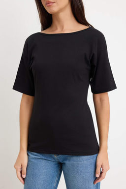 Siyah Duz Regular Kay?k Yaka Dusuk Kol K?sa Uzun %100 Pamuk Orme T-Shirt TWOSS26TS00247 - Trendyolmilla фото 3