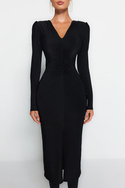 Siyah Vucuda Oturan Orme S?k Midi Abiye Gece Mezuniyet Elbisesi TPRAW24EL00079 - Trendyolmilla фото 4