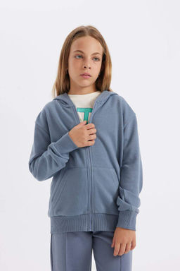 Базовый школьный кардиган с капюшоном и молнией для девочек - Defacto фото 3