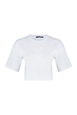 Beyaz %100 Kal?n Pamuklu Premium Crop Bisiklet Yaka Orme T-Shirt TWOSS23TS00038