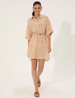 Bej Keten Kar___ml_ A Kesim G_mlek Elbise