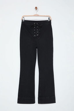 Siyah Kusgozu Baglama Detayl? Yuksek Bel Flare Jeans TWOSS25JE00005 - Trendyolmilla фото 8