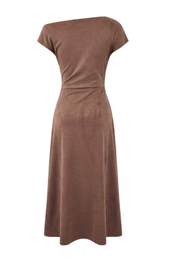 Kahverengi A-Kesim/Can Form Degaje Yaka Aksesuar Detayl? Midi Suet Orme Elbise TWOSS26EL00102 - Trendyolmilla фото 2