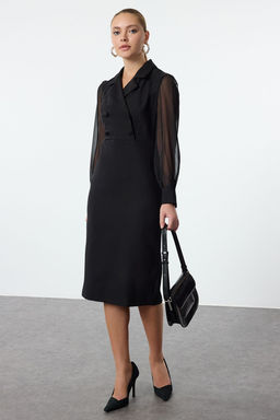 TRENDYOLMILLA Siyah Vucudu Saran Sifon Kol Detayl? Midi Dokuma Elbise TWOAW25EL00137