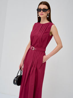 Платье хлопок с поясом бордовое