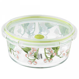 Контейнер стеклянный Ландыши 900мл, д17см h6,6см, боросиликатное стекло, с деколью, круглый, пластмассовая крышка с пароотводом, герметичная, с клипсами, с силиконовым уплотнителем (Китай)