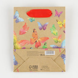 Пакет подарочный крафтовый, упаковка, «Бабочки», 12 х 15 х 5.5 см