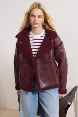 Bordo Pelus Detayl? Suni Deri Biker Ceket Mont TWOAW25MO00066 - Trendyolmilla фото 16