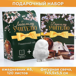 Подарочный набор, ежедневник А6, 120 л., фигурная свеча «Любимому учителю»