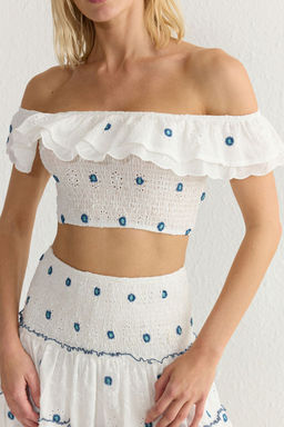 Beyaz F?rf?r Detayl? Brode Kumas Crop Dokuma Bluz TWOSS25BZ00154 - Trendyolmilla фото 5