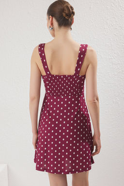 Bordo Ask?l? Puantiye Bask?l? Etegi F?rf?rl? Fitilli Esnek Mini Orme Elbise TWOSS25EL00379 - Trendyolmilla фото 5