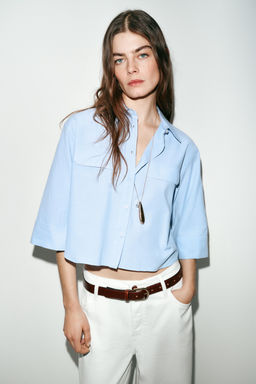 CAMISA CORTA TAPETAS RAYAS / Blanco / Celeste - Zara фото 2