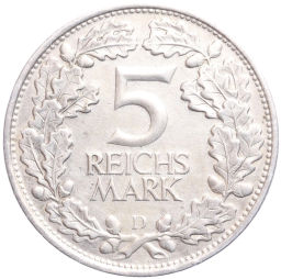 Монета 5 рейхсмарок 1925 года D Германия Тысячелетие Рейнской области (Рейнланда)