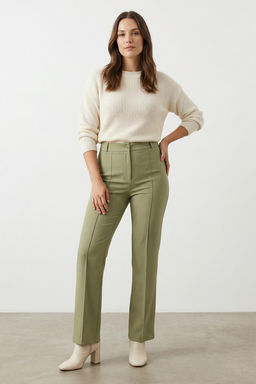 Yesil Straight/Duz Kesim Yuksek Bel Nervur Dikisli Dokuma Pantolon TWOSS21PL0093