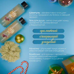 Новогодний подарочный набор косметики SB BEAUTY, шампунь, гель для душа, бомбочка, мочалка, с ароматом вишни и мандарина фото 5