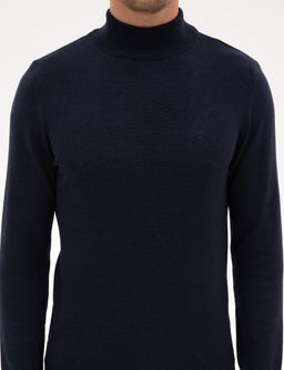 Lacivert Melanj Slim Fit Yar_m Bal_k__ Yaka Basic Triko Kazak