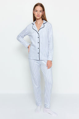 Mavi Cizgili Biye Detayl? Uyku Bantl? Polar K?sl?k Orme Pijama Tak?m? THMAW22PT0360