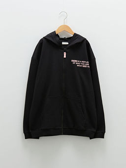 Kap??onlu Bask?l? Uzun Kollu K?z ?ocuk Fermuarl? Sweatshirt