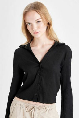 Coool Fitted Basic Duz Dugmeli Uzun Kollu Crop Siyah Gomlek