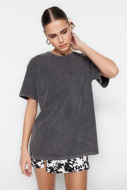 TRENDYOLMILLA Antrasit %100 Pamuk Soluk Efektli Boyfriend/Genis Kal?p Bisiklet Yaka Orme T-Shirt TWOSS23TS00112  фото 6