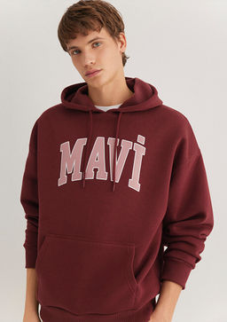 Mavi Logo Bask?l? Kapusonlu Bordo Sweatshirt