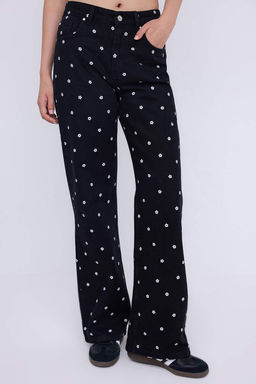 Teen Siyah Cicek Desenli Normal Bel Wide Leg Jeans TWOAW26JE00004 - Trendyolmilla фото 3