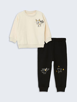 Bask?l? Erkek Bebek Sweatshirt ve E?ofman Alt 2li Tak?m