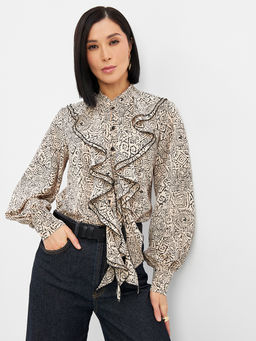 Блузка с отлетными рюшами OD-914-5 бежевый с черным