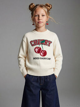 Bisiklet Yaka Desenli K?z ?ocuk Triko Kazak