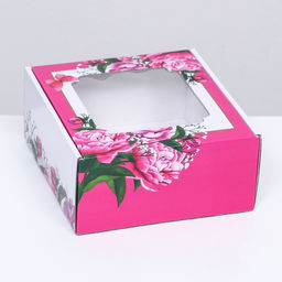 Цена за 5 шт. Коробка самосборная, с окном, Весенние пионы, 19 х 19 х 9 см