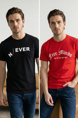 Siyah-K?rm?z? 2li Paket Regular/Normal Kal?p Bask?l? %100 Pamuk T-Shirt TMNSS26TS00043