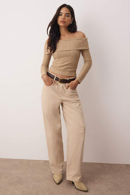 Bej Yumos Carmen Yaka Fitted/Vucuda Oturan Orme Bluz TWOAW26BZ00081