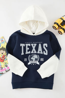 Ekru Erkek Cocuk Kapusonlu Slogan Bask?l? Renk Bloklu Orme Sweatshirt TKDAW25SW00133
