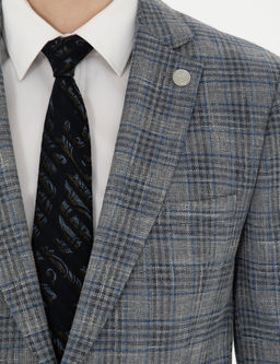 Gri Ex. Slim Fit Y_n Kar___ml_ Ekose Ceket