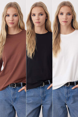 Siyah-Ekru-Kahverengi 3lu Paket %100 Pamuk Bisiklet Yaka Uzun Kol Oversize/Genis Kesim Orme T-shirt