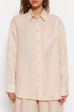 Bej %100 Keten Oversize Gomlek TWOSS23GO00443