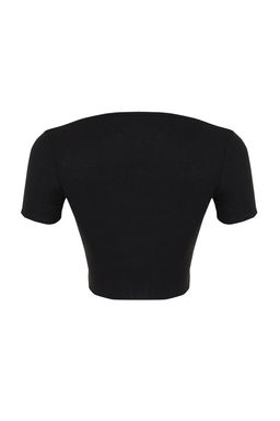 Siyah Havuz Yaka Baby Overlok Detayl? Crop Fitilli Esnek Orme Bluz TWOSS24BZ00197 - Trendyolmilla фото 8