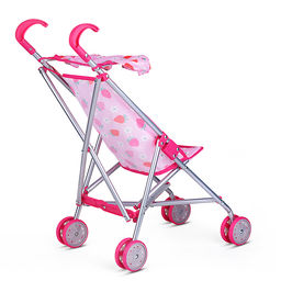 Коляска для кукол металлическая, складная, прогулочная с козырьком, цвет розовый с клубничкой.