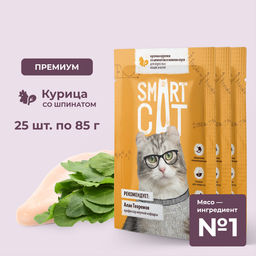 "Упаковка 25 шт" Паучи для взрослых кошек и котят кусочки курочки со шпинатом в нежном соусе