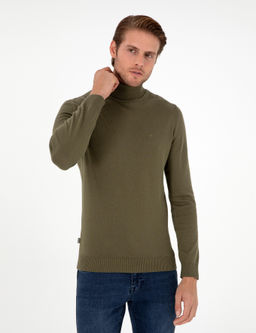 Koyu Haki Slim Fit Bal_k__ Yaka Basic Triko Kazak