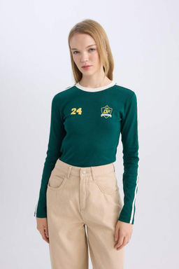 Женская крутая приталенная футболка в рубчик с длинными рукавами и принтом