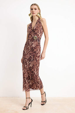 Cok Renkli Animal Desen Aksesuar Detayl? Tul Maxi Astarl? S?k/Gece Elbise TPRSS26EL00070