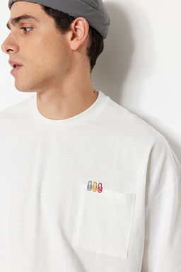 Ekru Oversize/Geni_ Kesim K_sa Kol Minimal Nak__ __lemeli Cepli T-shirt TMNSS23TS00100