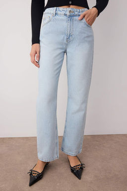 Ac?k Mavi Yuksek Bel Boru Paca Straight Duz Kesim Jeans TWOAW26JE00060 - Trendyolmilla фото 3