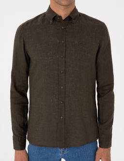 Koyu Haki Regular Fit %100 Keten G_mlek